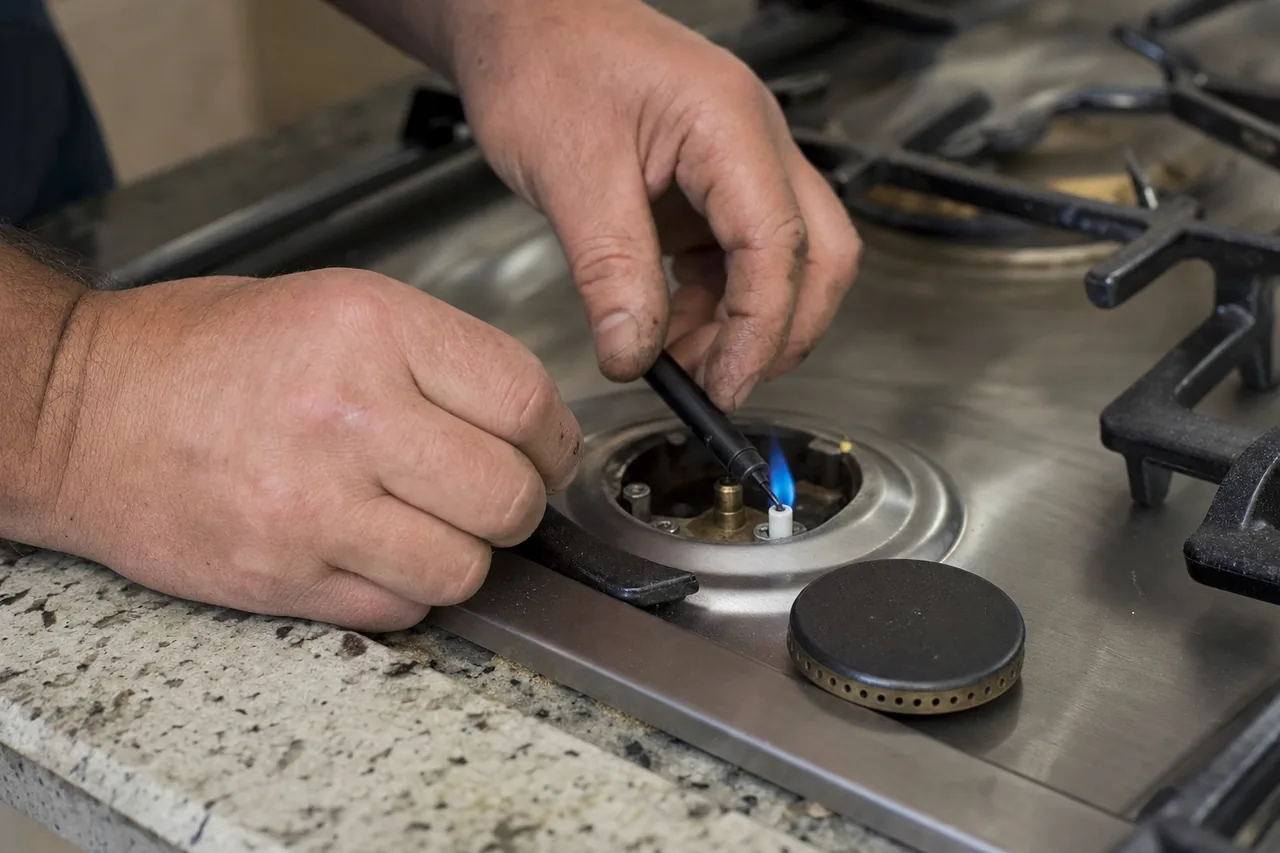 Technician adjusting a gas cooktop burner in a Westport kitchen