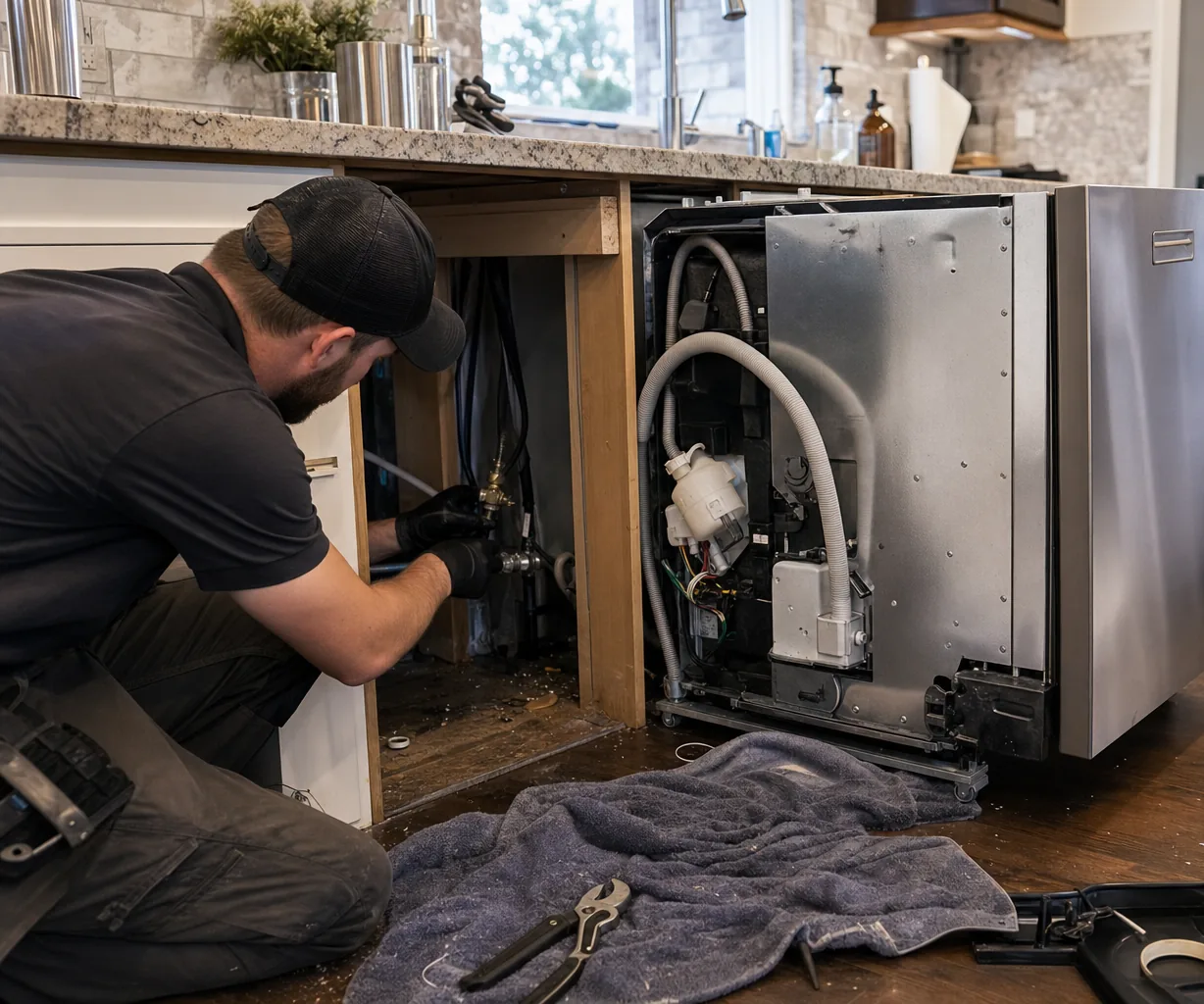 Technician servicing a built-in dishwasher on a same-day visit