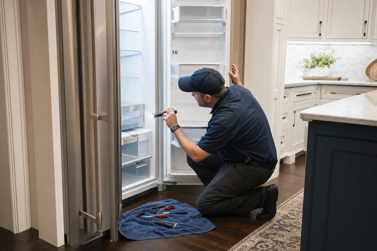 Technician repairing a built-in refrigerator mid-repair
