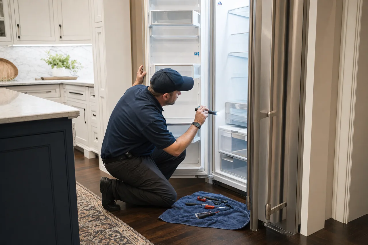 Technician repairing a built-in refrigerator up close