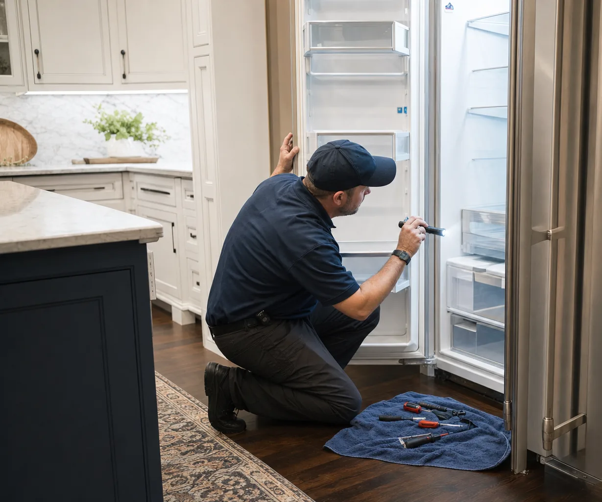 Technician repairing a built-in refrigerator in a Westport kitchen