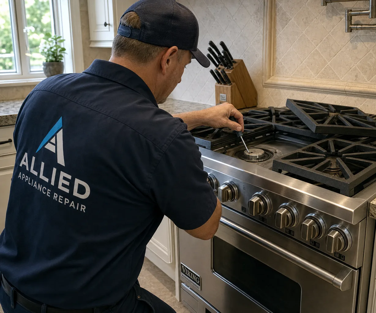 Technician servicing a stainless Viking range in a Westport kitchen