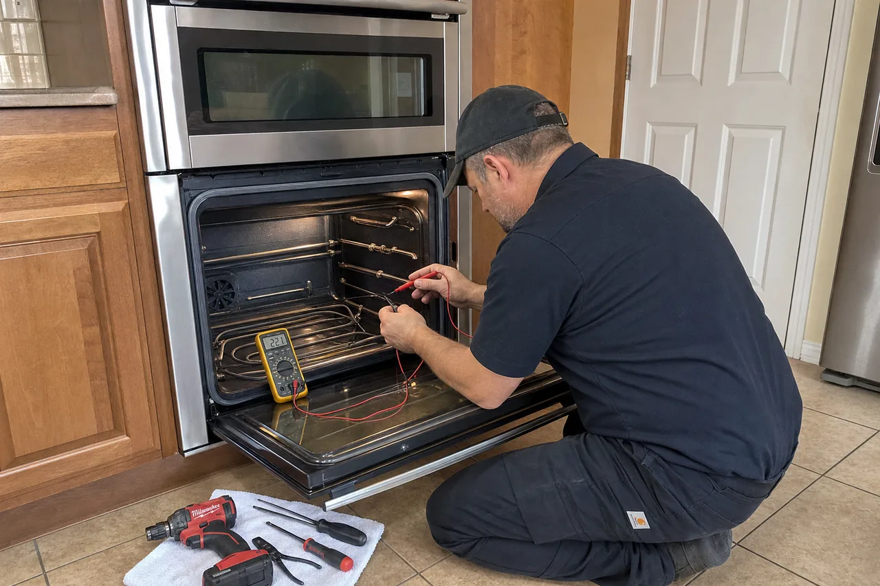 Technician servicing a built-in wall oven